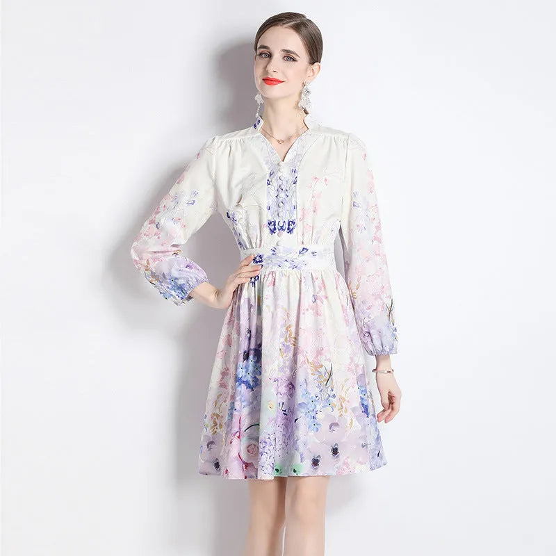 Elegante Abito a maniche lunghe con stampa floreale vintage a V Vintage