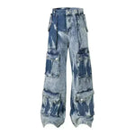 Street Retro Washed Distressed Tie-dye Multi-pocket Denim Trouser Unisex Baggy Cargo Denim Jeans Pants - EX-STOCK CANADA