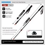Kodenor three-section telescopic trekking poles in red and black, shown with product specifications, dimensions, and an accessory inset on a white background.