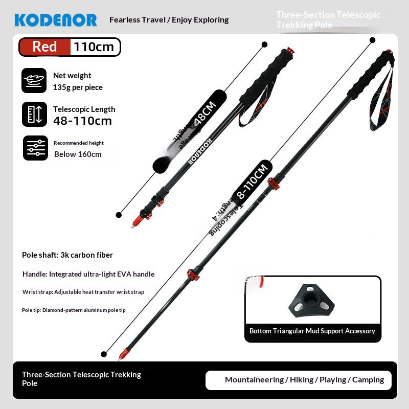 Kodenor three-section telescopic trekking poles in red and black, shown with product specifications, dimensions, and an accessory inset on a white background.