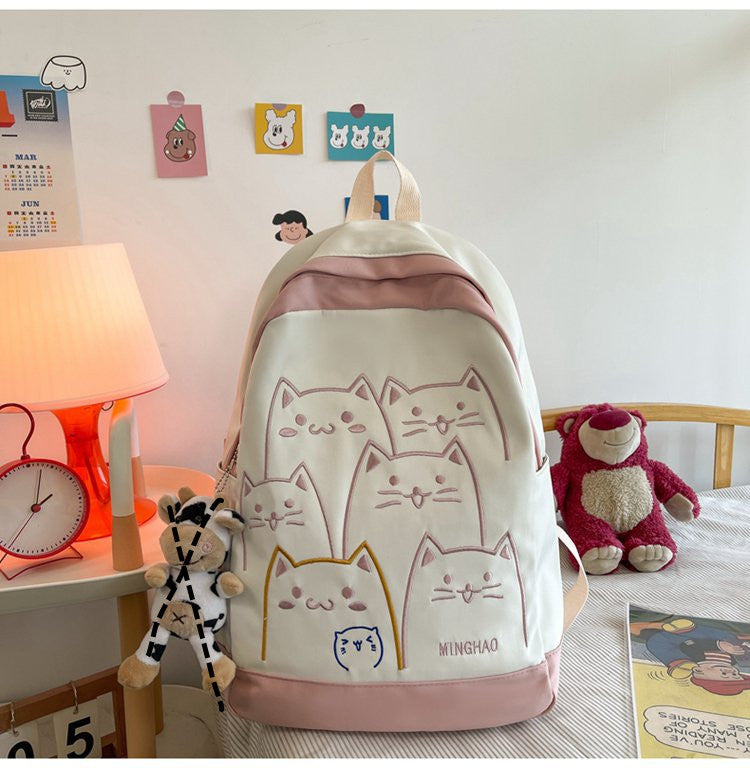 Pink Korean Kawaii Cat School Backpack – Embroidered Nylon Bag, 5 Colours