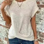 Casual Summer Short-sleeved Waffle blouse Top Summer New Solid Color Casual Evening Top For Women