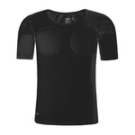 Black compression shirt with shoulder pads on a white background