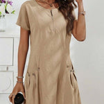 Women's Short-Sleeve Casual Dress with Pockets & Zipper – 12 Colors, S–3XL