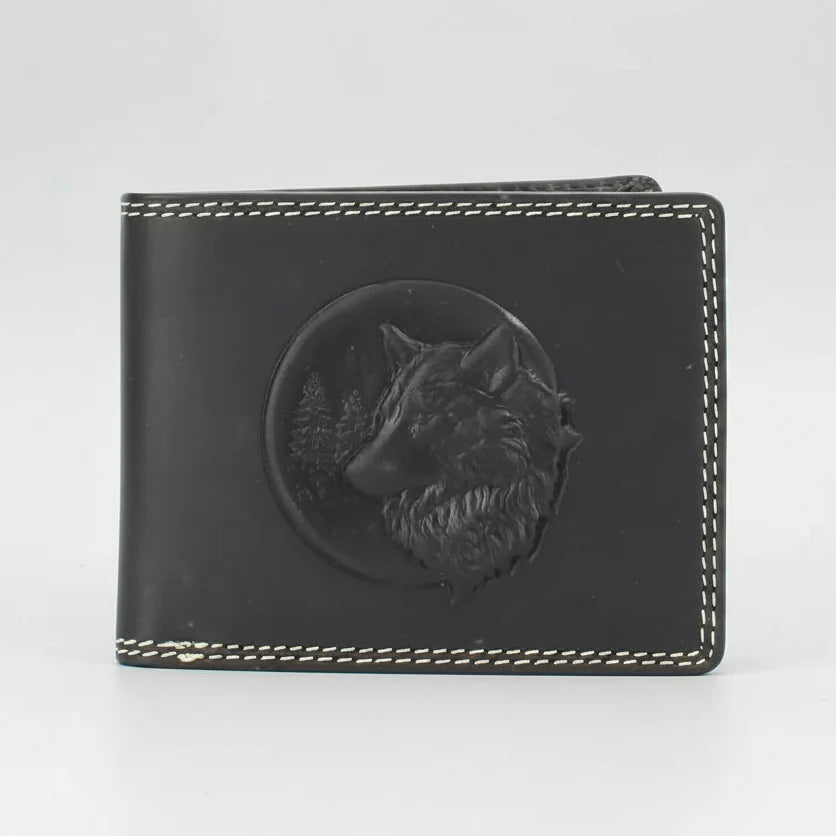 Cartera Bifold para Hombre de Cuero de Vaca con Relieve de Lobo 