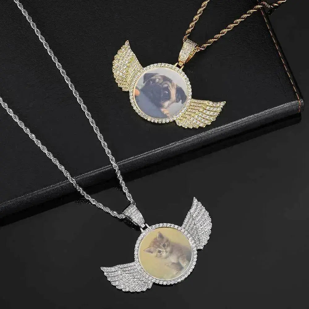 Angel Wings Medallions Custom Photo Pendant Necklace For Men Hip Hop Jewelry Iced Out Pendant Custom Engraved Name Memory Gift - EX-STOCK Canada