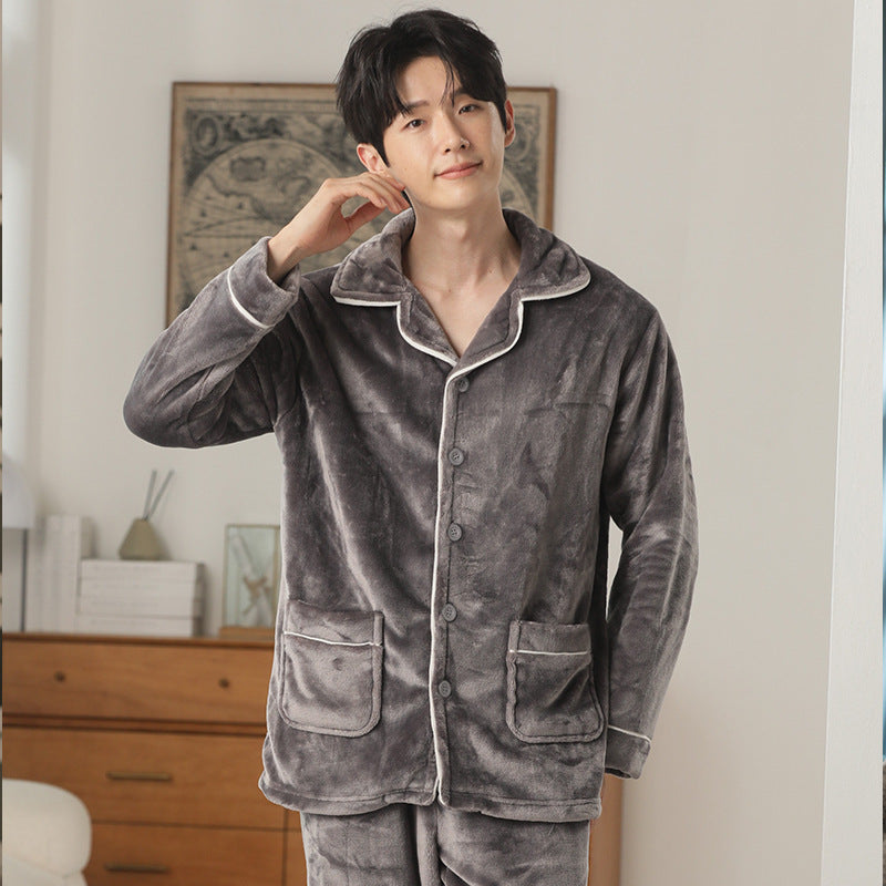 Autumn And Winter Flannel Men's Pajamas Men's Lapel Cardigan  EX-STOCK CANADA