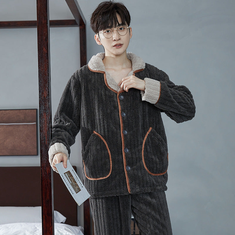 Autumn And Winter Flannel Men's Pajamas Men's Lapel Cardigan  EX-STOCK CANADA