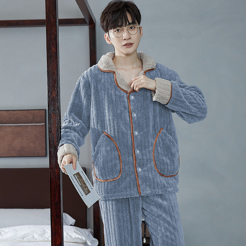 Autumn And Winter Flannel Men's Pajamas Men's Lapel Cardigan  EX-STOCK CANADA