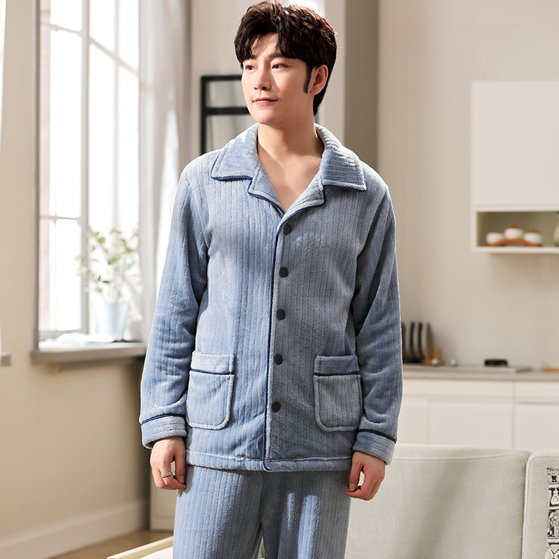 Autumn And Winter Flannel Men's Pajamas Men's Lapel Cardigan  EX-STOCK CANADA