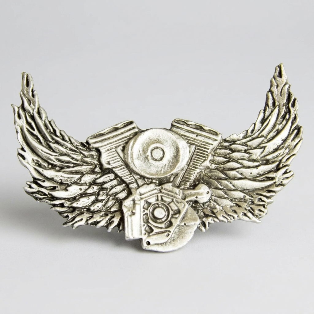 Engine With Wings Pewter Pin | Motorcycle Lapel Pin 