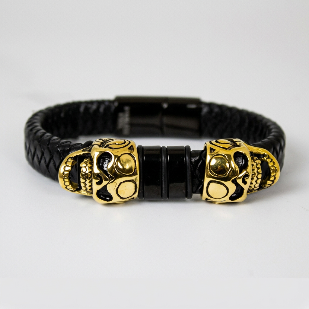 Men's Braided Leather Skull Charm Bracelet | Stainless Steel Accents 