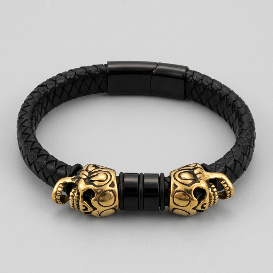 Men's Braided Leather Skull Charm Bracelet | Stainless Steel Accents 