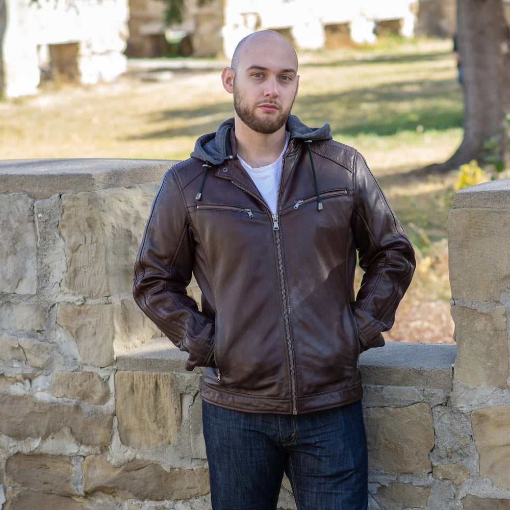 BOL Men's Hooded Snap Collar Leather Jacket EX-STOCK Canada 