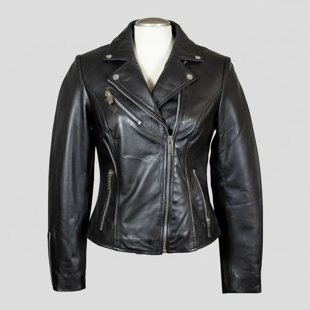 Blouson moto pour femmes en cuir d'agneau haut de gamme avec zips asymétriquesEX-STOCK Canada 