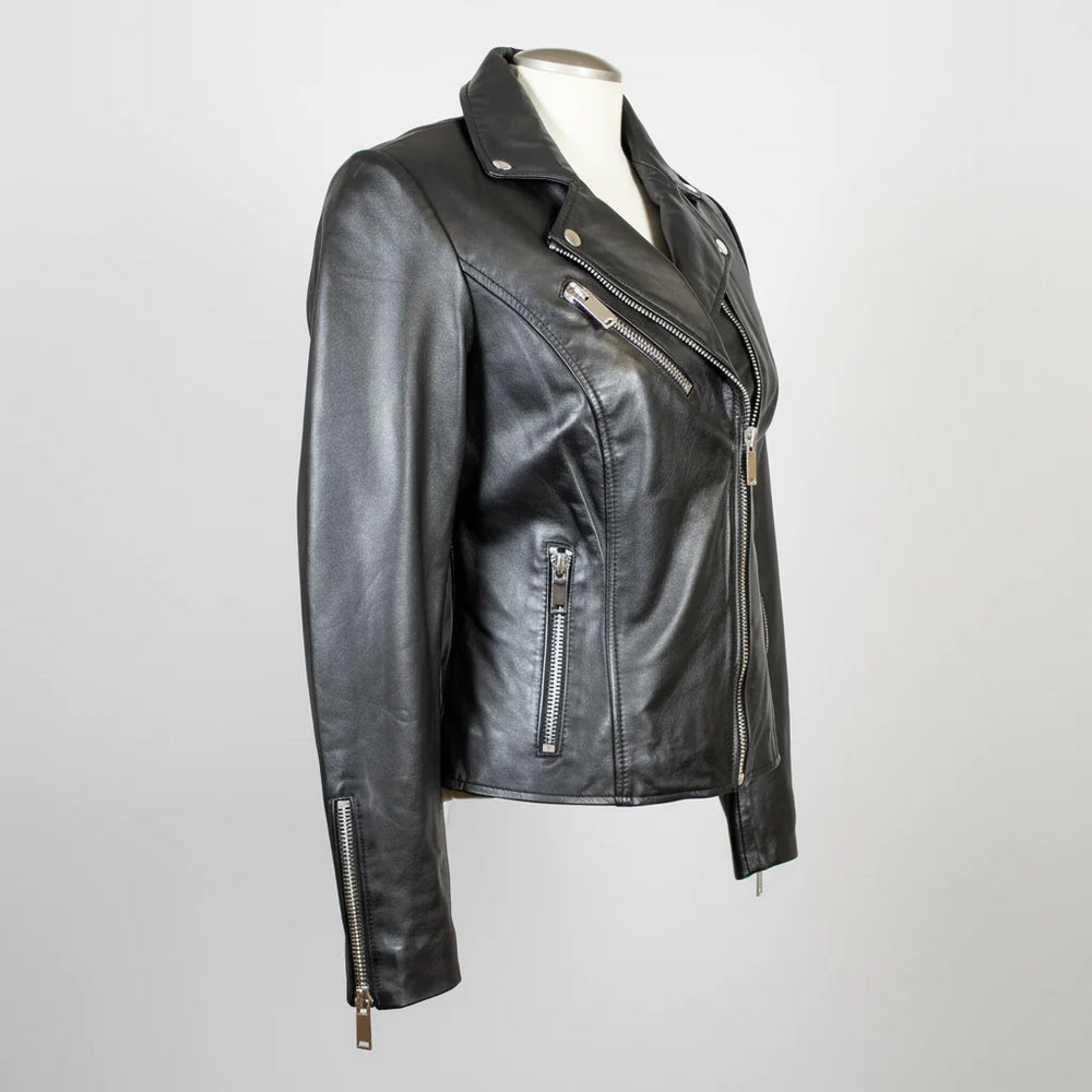 Women's Premium Lamb Leather Moto Jacket with Asymmetrical Zippers 