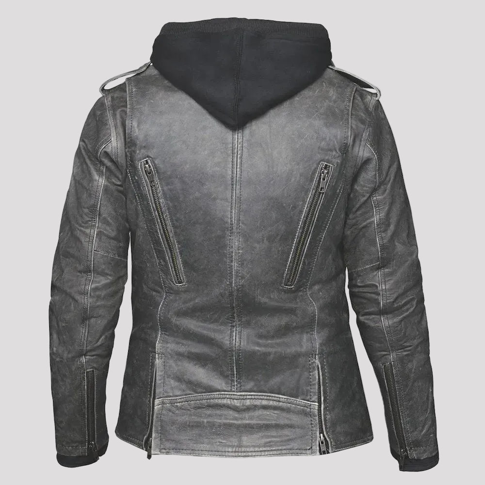 Open Road Women's Hooded Classic Leather Motorcycle Jacket 