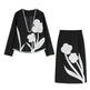 Black And White Splicing Velvet V-neck Overlapping Coat Color Contrast Skirt Suit - EX-STOCK Canada