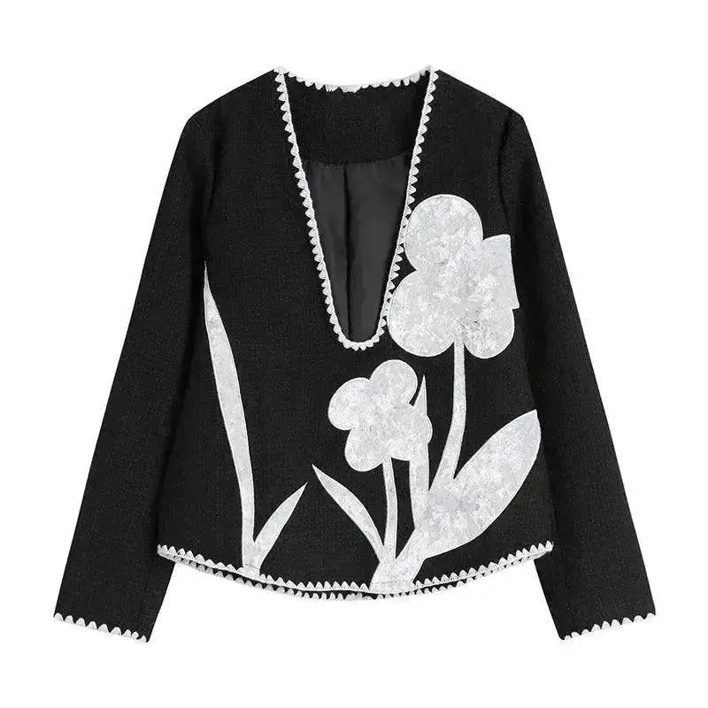 Black And White Splicing Velvet V-neck Overlapping Coat Color Contrast Skirt Suit - EX-STOCK Canada