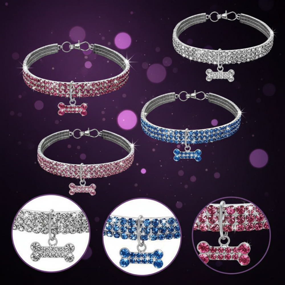 Bling Rhinestone Dog Collar – Crystal Pet Collar for Small Dogs & Cats (Blue, Pink, White | S/M/L) 