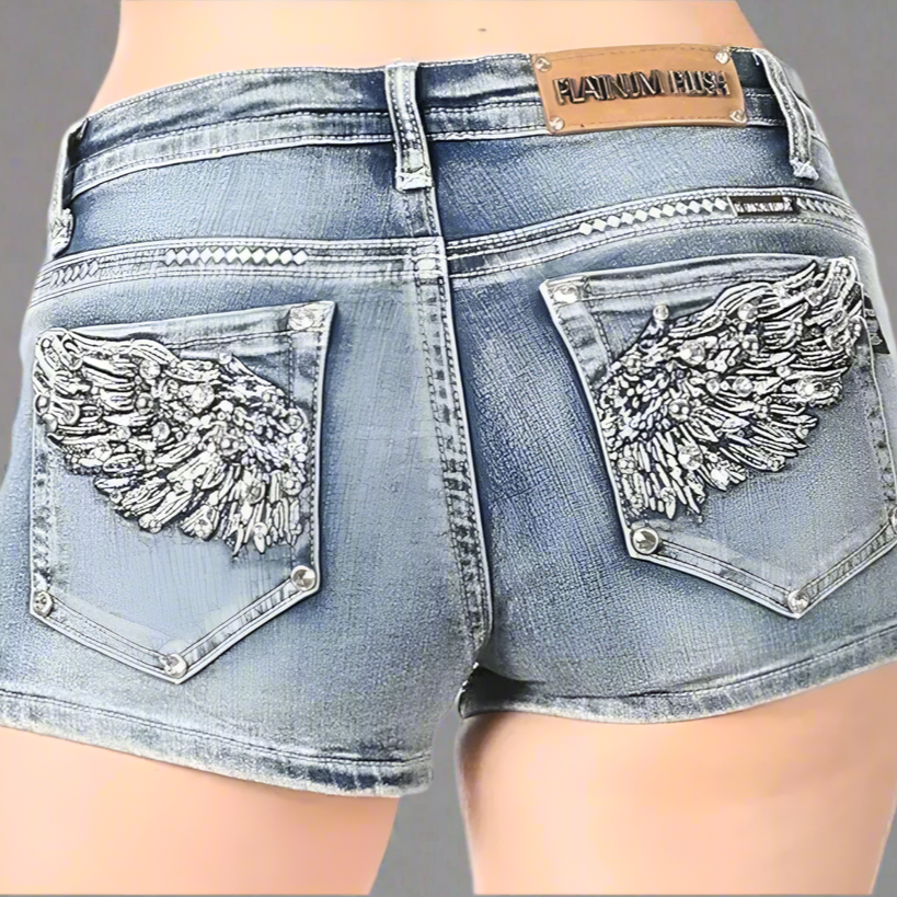 Bus Stop Women's Rhinestone Angel Wing Denim Shorts EX-STOCK Canada 