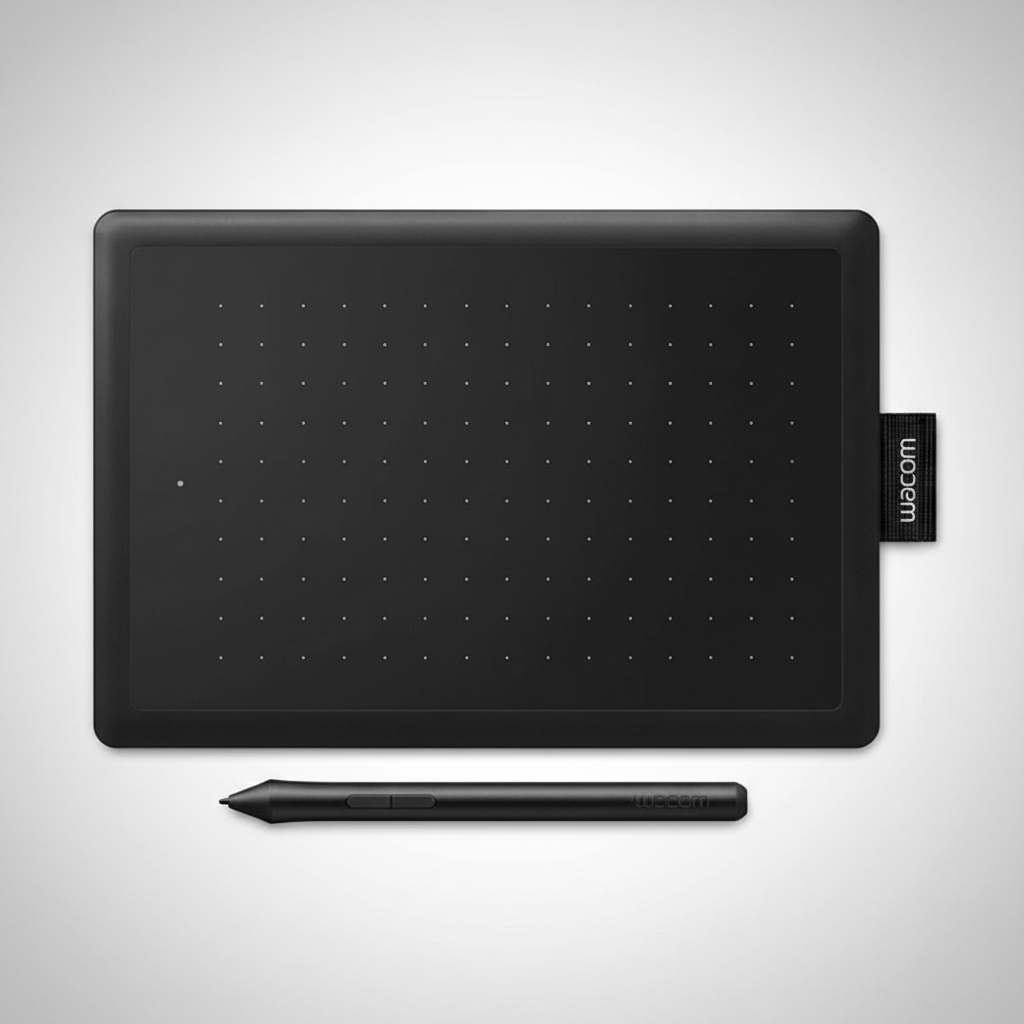A black Wacom graphics tablet shown from above on a light gray background, with a matching black stylus placed below it. The Wacom logo is visible on the side tab of the tablet.