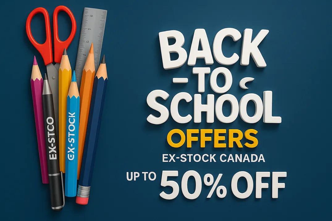 Promotional banner for back-to-school offers with stationery items on a dark blue background.