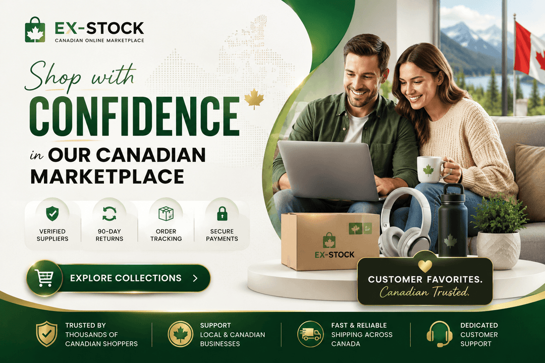 Promotional banner for EX-Stock Canadian Online Marketplace featuring a smiling couple sitting on a couch and using a laptop, with a cardboard EX-Stock box, headphones, and a water bottle in the foreground. Large text reads 'Shop with Confidence in Our Canadian Marketplace' with feature icons along the bottom.