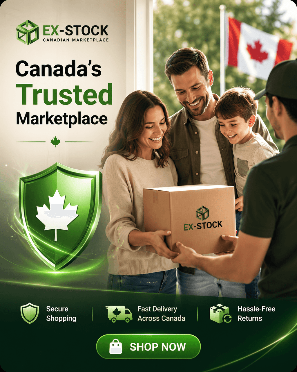 Family receiving an 'EX-Stock' package with promotional text about the marketplace.