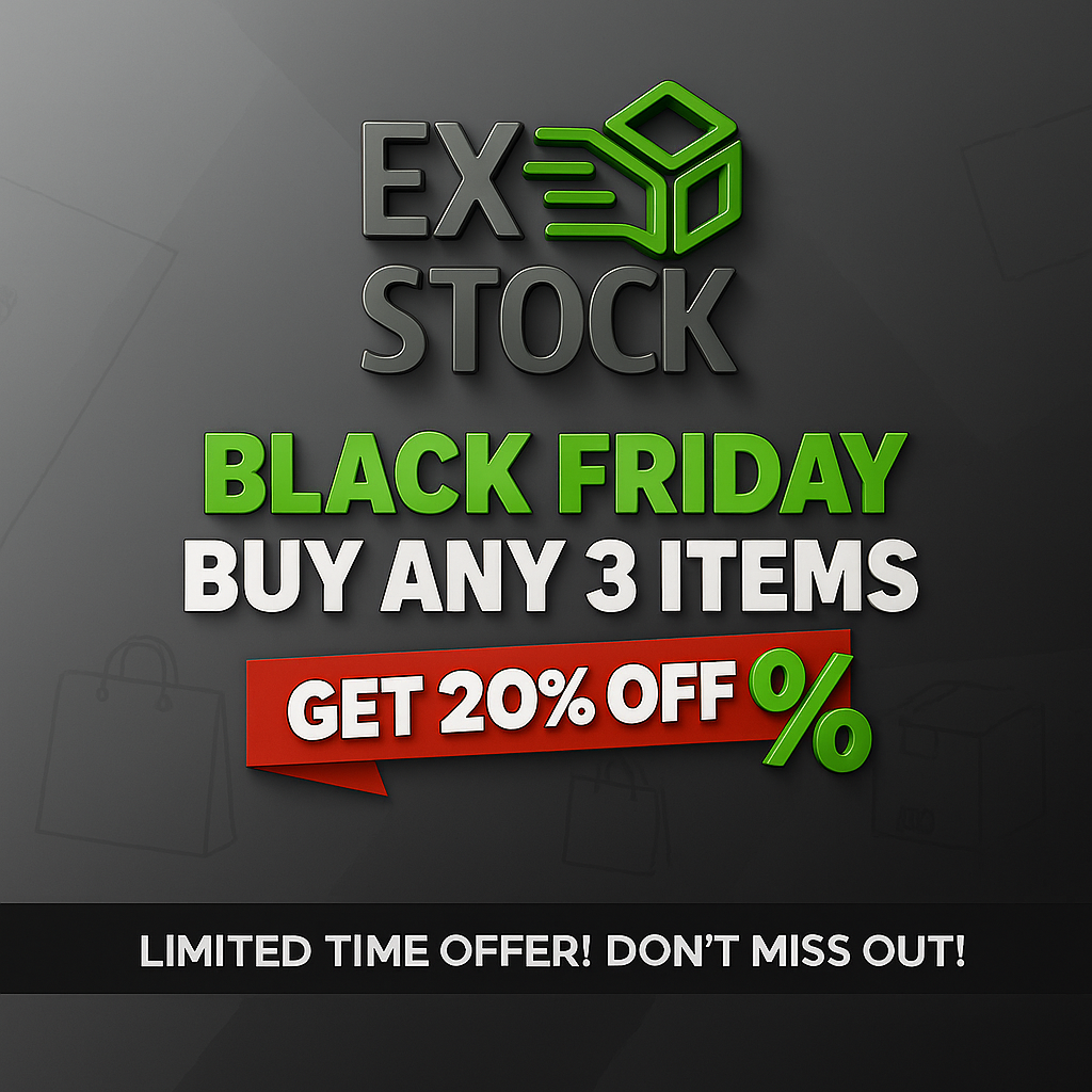 Black Friday promotional banner with 'Ex Stock' logo and offer details on a dark background
