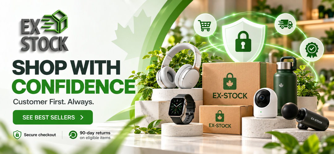 Promotional banner for EX-Stock featuring various consumer electronics and accessories, including white over-ear headphones, a smartwatch, a small security camera, a black wireless microphone, a green bottle, and cardboard boxes with the EX-Stock logo, set against a bright, modern background with green graphic overlays and trust badges.