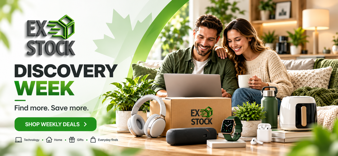A promotional banner for EX3D STOCK Discovery Week, featuring a couple sitting on a couch in a cozy living room with various tech gadgets and a cardboard box branded with EX3D STOCK on the table. The left side features a green and white graphic with the text 'EX3D STOCK DISCOVERY WEEK' and a green 'SHOP WEEKLY DEALS' button.