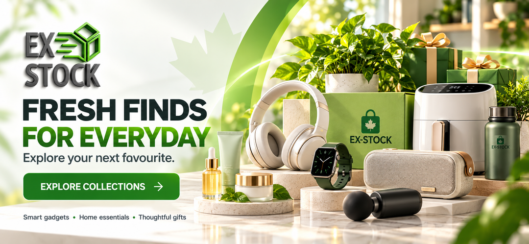 Promotional banner for EX STOCK featuring a curated collection of home gadgets and accessories, including white over-ear headphones, a smartwatch, a mini air fryer, a water bottle, a candle, and a massage tool, arranged on a marble surface with green plants and gift boxes in a bright, modern interior.