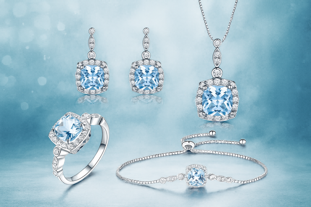 Blue Topaz Birthstone Set – 925 Sterling Silver Jewelry - 4 Piece Set EX-STOCK Canada 