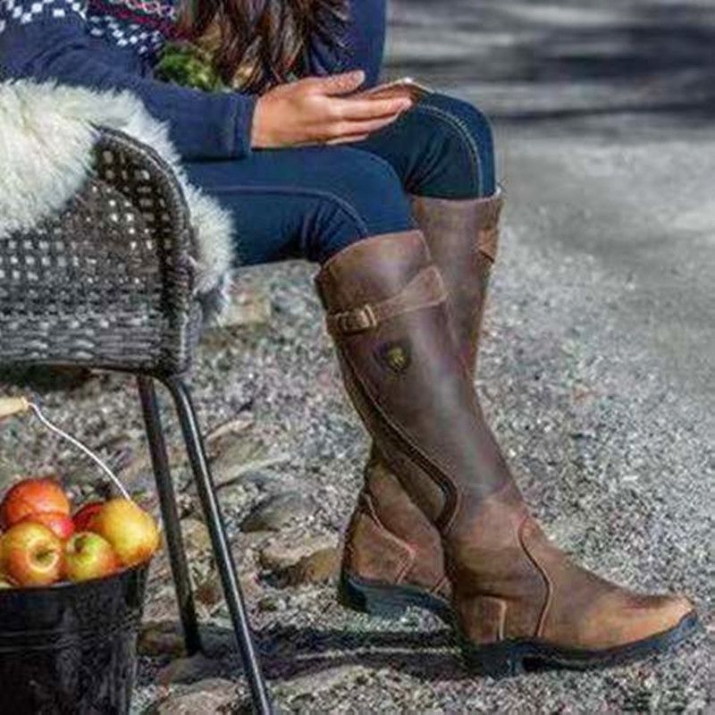 Classic Fashion Riding Western Boots Winter Knee Buckle Boots High Block Heel Round Toe Shoes For Women EX-STOCK Canada 