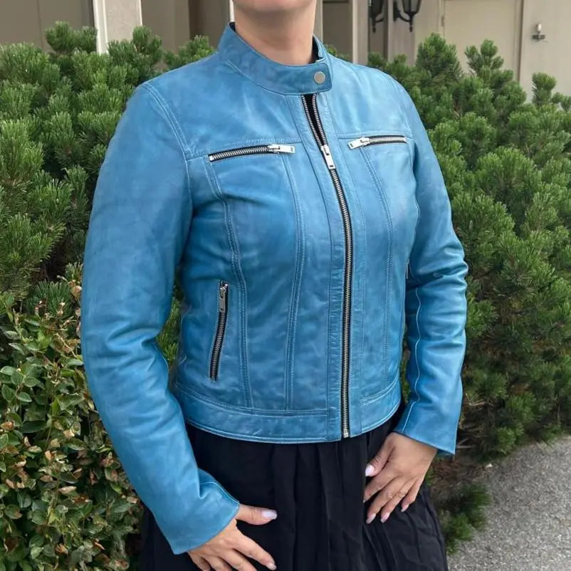 Classic Women's Lamb Leather Jacket with Snap Collar EX-STOCK Canada 