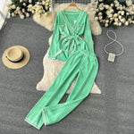 Contrast Color Suit Women's Long Sleeve V-neck Lace-up Knitwear Draping Wide Leg Trousers Two-piece Set - EX-STOCK Canada
