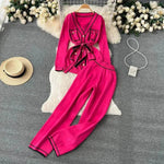 Contrast Color Suit Women's Long Sleeve V-neck Lace-up Knitwear Draping Wide Leg Trousers Two-piece Set - EX-STOCK Canada