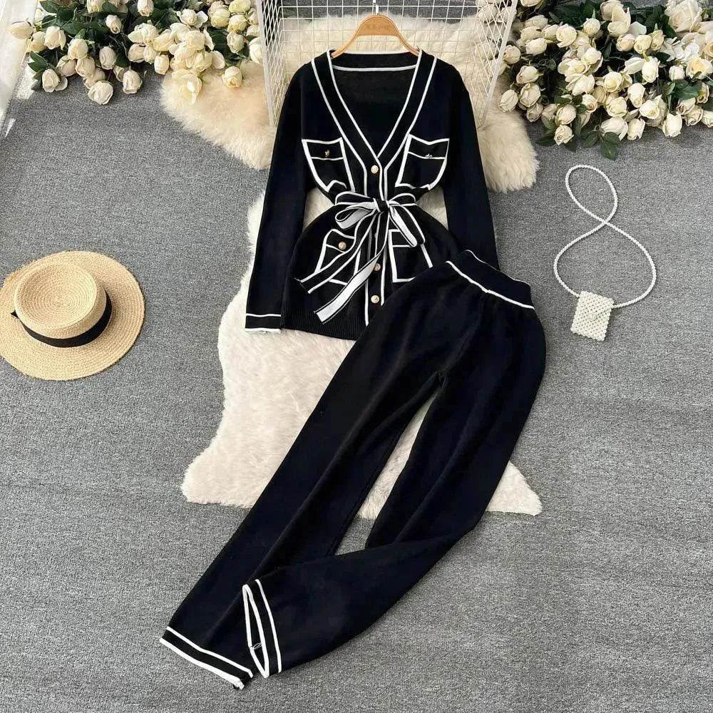 Contrast Color Suit Women's Long Sleeve V-neck Lace-up Knitwear Draping Wide Leg Trousers Two-piece Set - EX-STOCK Canada