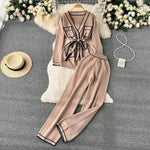 Contrast Color Suit Women's Long Sleeve V-neck Lace-up Knitwear Draping Wide Leg Trousers Two-piece Set - EX-STOCK Canada