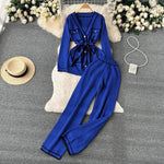 Contrast Color Suit Women's Long Sleeve V-neck Lace-up Knitwear Draping Wide Leg Trousers Two-piece Set - EX-STOCK Canada