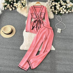 Contrast Color Suit Women's Long Sleeve V-neck Lace-up Knitwear Draping Wide Leg Trousers Two-piece Set - EX-STOCK Canada