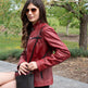 Women's Classic Lamb Leather Jacket. Round Collar with Studs, 4 Zippered Pockets & Shoulder Accent Stitching 