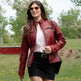 Women's Classic Lamb Leather Jacket. Round Collar with Studs, 4 Zippered Pockets & Shoulder Accent Stitching 