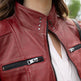 Women's Classic Lamb Leather Jacket. Round Collar with Studs, 4 Zippered Pockets & Shoulder Accent Stitching 