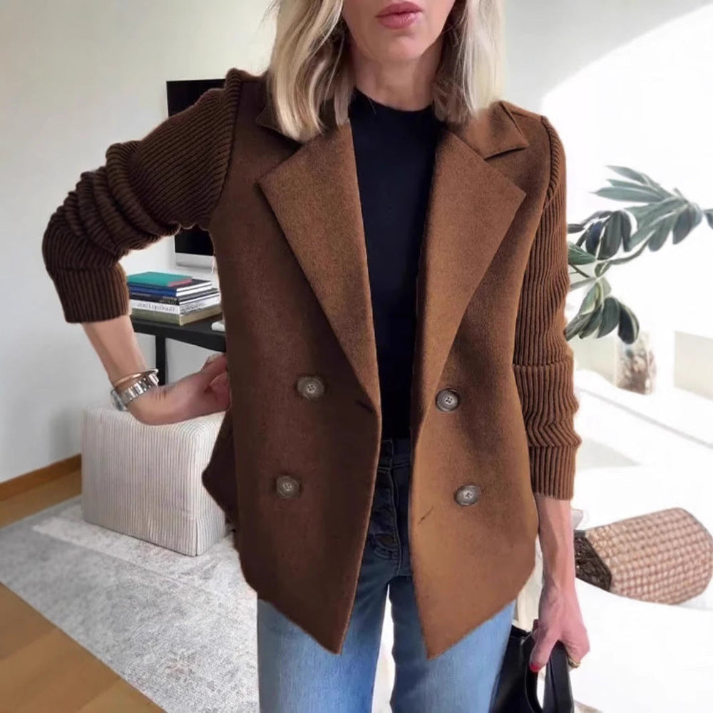 Double Breasted Lapel Jacket Fashion Knitted Sleeves Splicing Design Coat Outerwear EX-STOCK Canada 