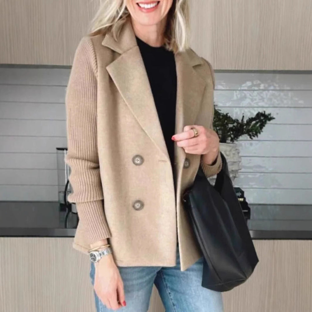 Double Breasted Lapel Jacket Fashion Knitted Sleeves Splicing Design Coat Outerwear EX-STOCK Canada 