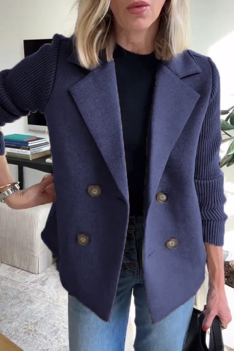 Double Breasted Lapel Jacket Fashion Knitted Sleeves Splicing Design Coat Outerwear EX-STOCK Canada 