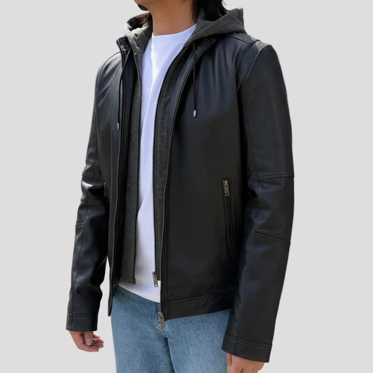 Giacca con Cappuccio da Uomo in Pelle di Agnello con Cappuccio Staccabile 