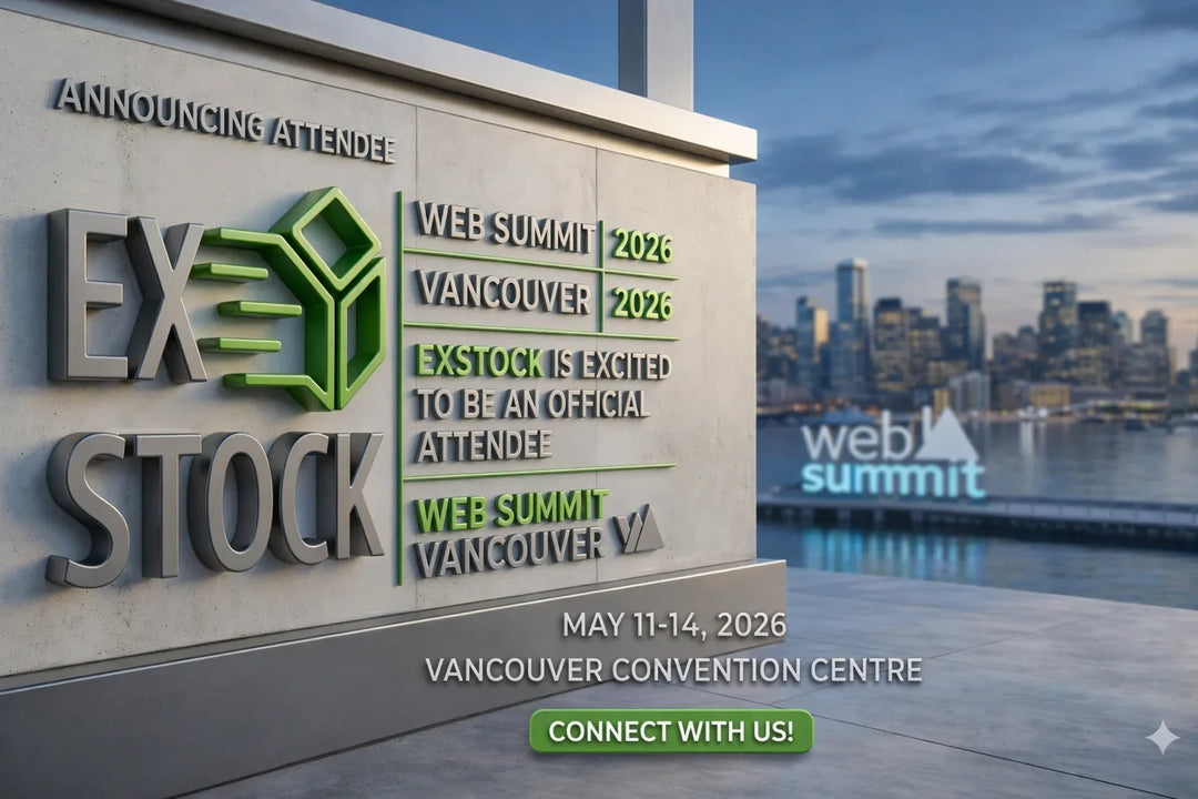 Ex Stock and Web Summit Vancouver 2024 sign with city skyline in the background